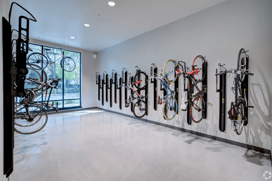 the home has a large display of bikes on the wall