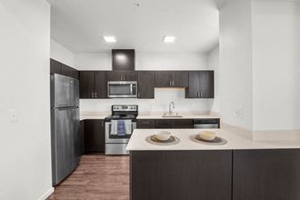 Apartments Olympia WA - Briggs Village - Kitchen Area with Stainless-Steel Appliances, Spacious Counterspace, and Dark-Wooded Cabinetry - Photo Gallery