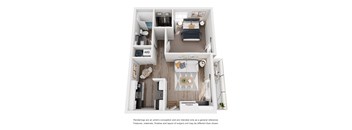 A floor plan of a small apartment with a living room, kitchen, and bathroom.
