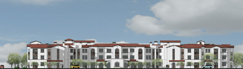 a rendering of a row of apartment buildings with a blue sky in the background at Vintage at Anacapa Canyon, Camarillo, 93012