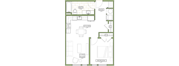 A floor plan of a house with a living room, kitchen, bedroom and bathroom.