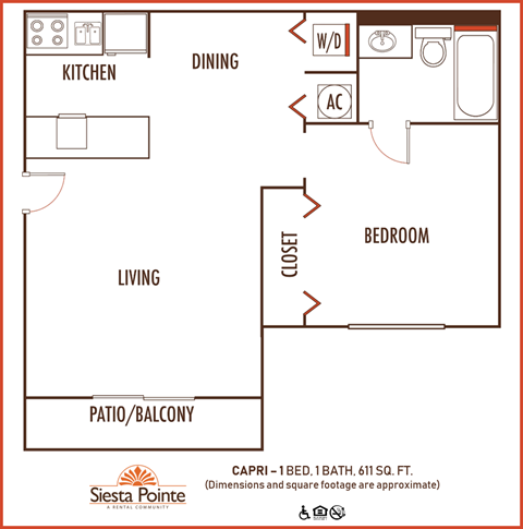 Siesta Pointe 1 bedroom 1 bath 2D floor plan at Siesta Pointe, Hialeah, 33015