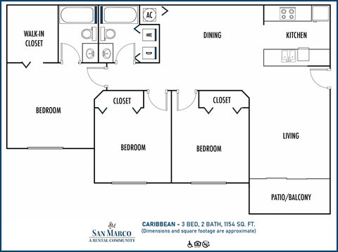 3 bedroom 2 bath floor plan at San Marco Apartments, Ormond Beach, 32174