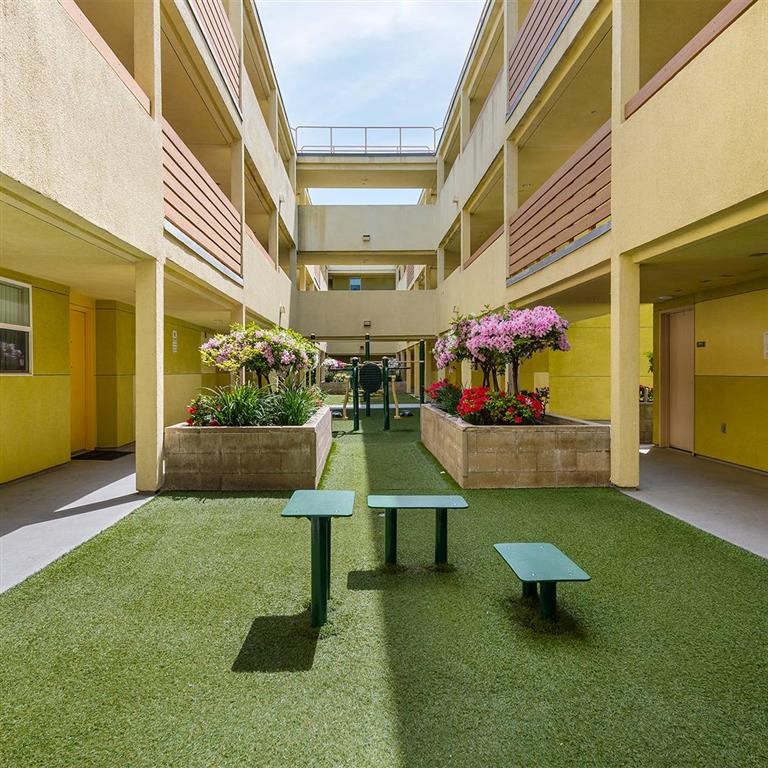 Picnic area near buildings 