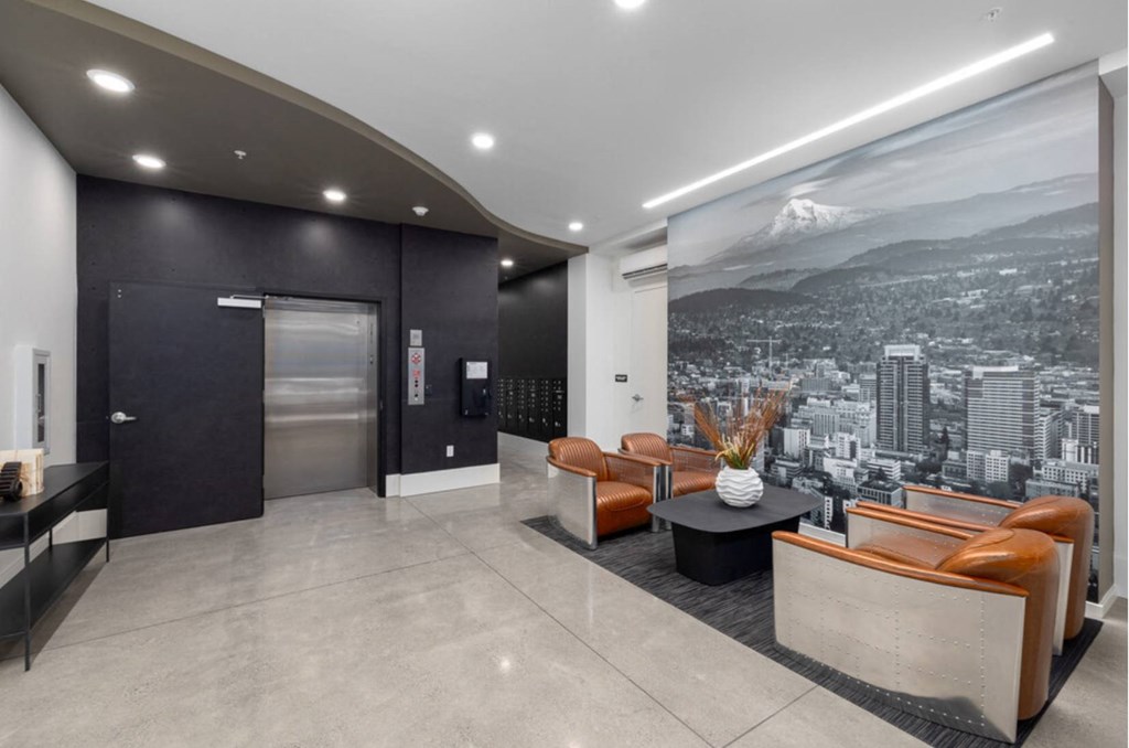 a view of the city from the lobby