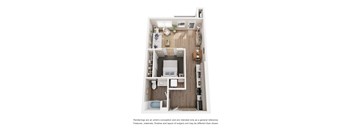 A white and wood floor plan of a small apartment with a kitchen, living room, and bedroom.