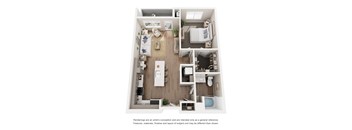 A floor plan of a house with a kitchen, living room, and bathroom.