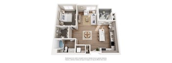 A floor plan of a house with a kitchen, living room, dining room, and bathroom.