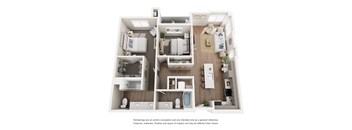 A floor plan of a house with a kitchen, living room, bedrooms and bathrooms.