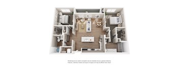 A 3D rendered image of a modern apartment layout.