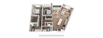A floor plan of a small apartment with a kitchen, living room, and two bedrooms.