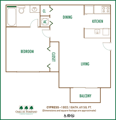 Oaks at Pompano 1 bedroom 1 bath 2D floor plan at Oaks at Pompano, Pompano Beach