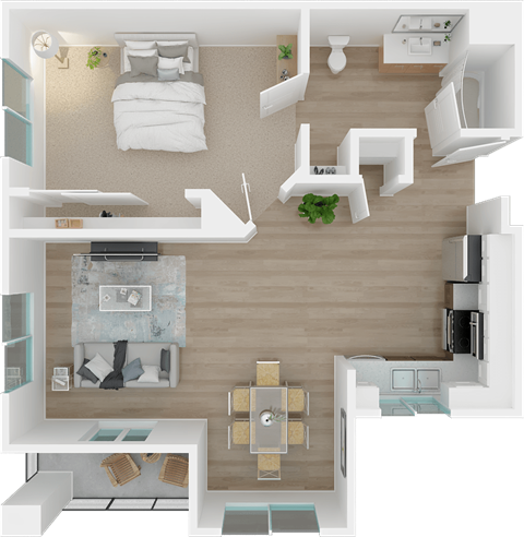 a floor plan of a studio apartment with a bedroom and living room