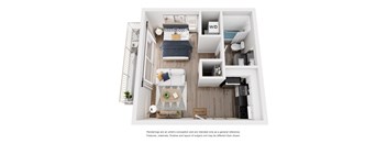 A top-down view of a small apartment with a kitchen, living room, and bedroom.