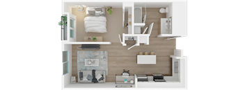 a floor plan of a studio apartment with a bedroom and living room