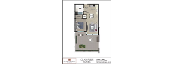 Clay plus 1 bedroom 1 bath floorplan with additional 400 square foot private balcony