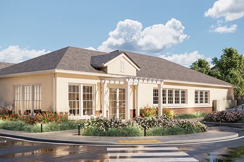 a rendering of exterior of building with flowers