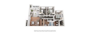 A 3D rendered image of a modern apartment layout.