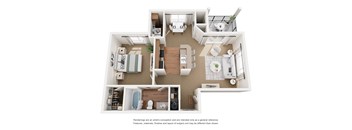 A 3D rendered image of a house layout.