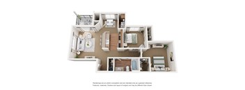 A 3D rendered image of a house layout.