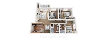 A 3D rendered image of a house layout.