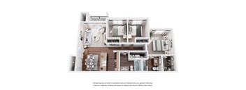 A 3D rendered image of a modern apartment layout.