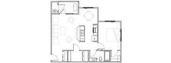 Unit A2 2D Open Floor Plan. One Bedroom Unit with Carpet in Bedrooms, Hardwood Floors Throughout. Laundry Room.