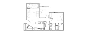 2D Floor Plan of a 2 Bedroom 2 bathroom Unit. Carpet in Bedrooms, Hardwood Floors Throughout