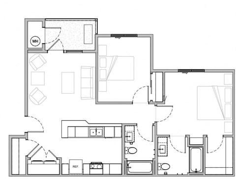 2D Floor Plan of a 2 Bedroom 2 bathroom Unit. Carpet in Bedrooms, Hardwood Floors Throughout