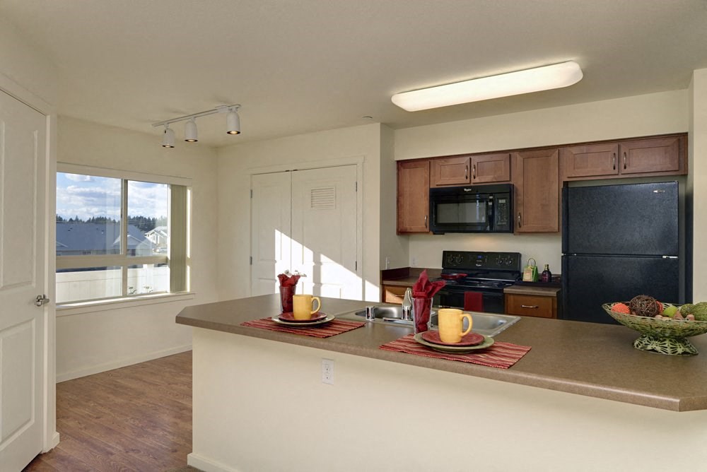 Fully equipped kitchen with black appliances