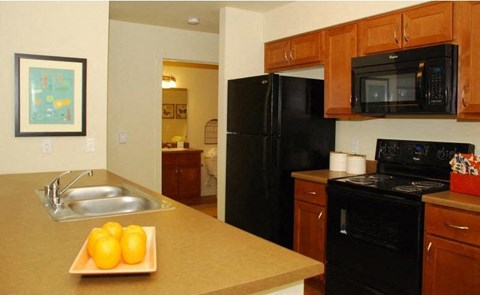 a kitchen with a sink and a black refrigerator