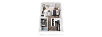 A top-down view of a small apartment with a kitchen, living room, and bathroom.