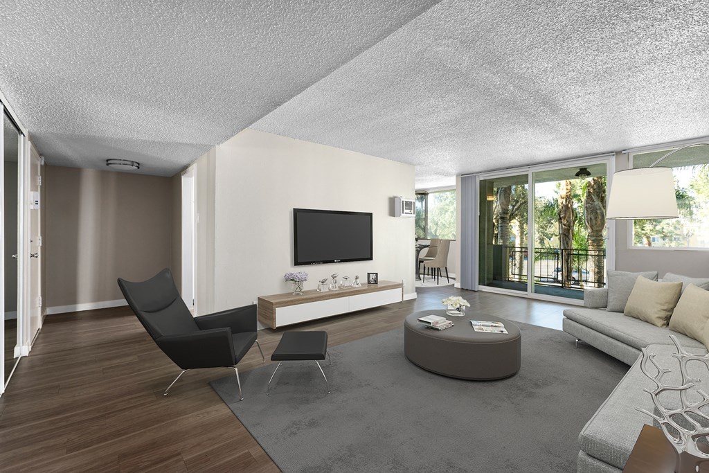 a rendering of a living room with white walls and a large window