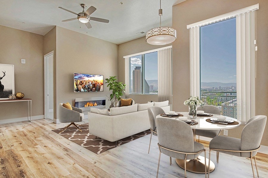 Sparks, NV Apartments- Deco at Victorian Square- Floor-to-Ceiling Windows with Wood-Style Floors and Fireplace