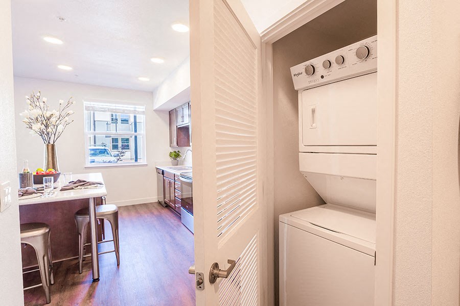 Washer and dryer with view to living room