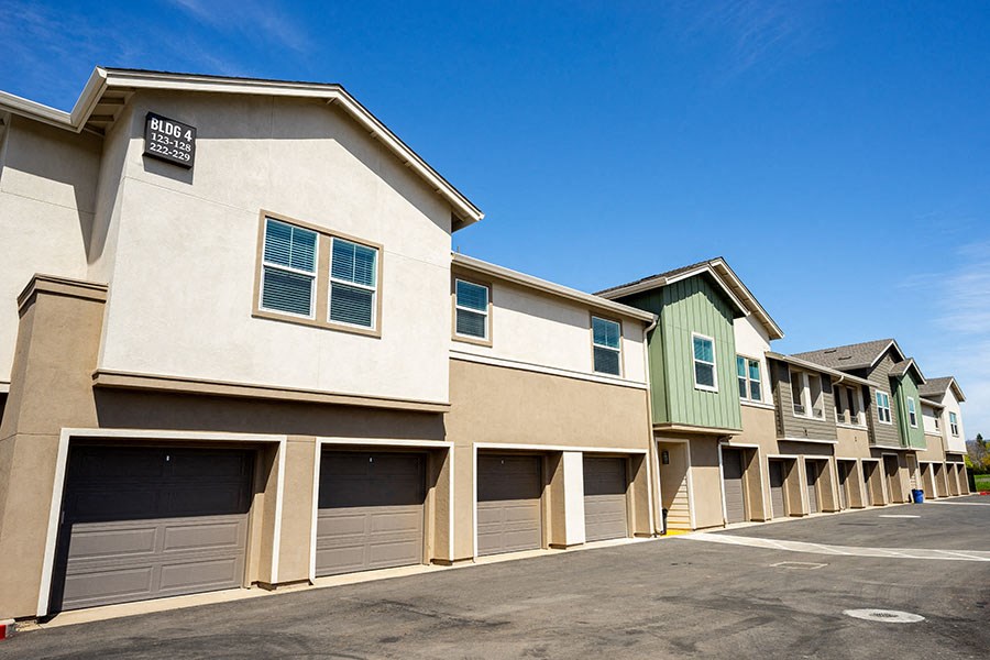 Building exterior with garages
