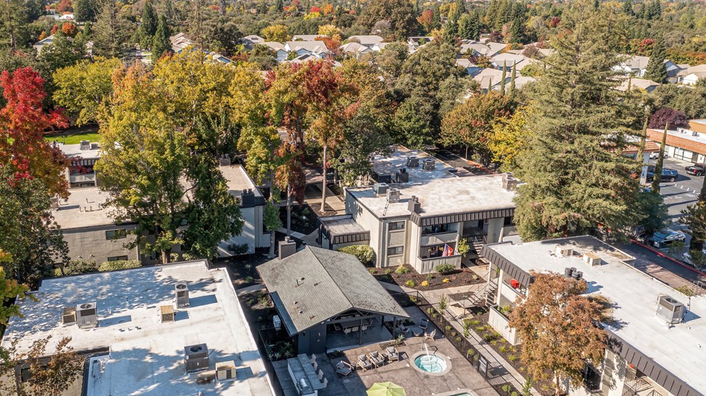 a aerial view of a city with buildings and trees