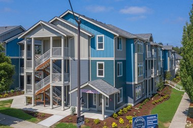 Apartments for Rent in Olympia, WA- Briggs Village- Building Exterior, Street View, Outdoor Patios, and Landscaping
