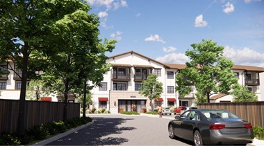 a rendering of a three story apartment building with a car parked in front of it