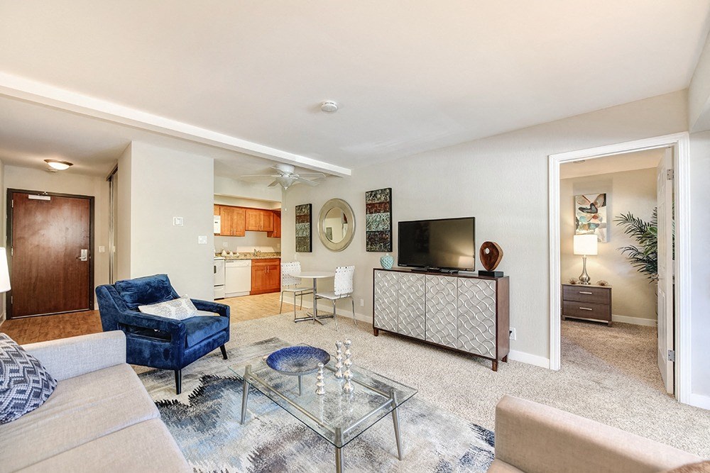 Open living area and kitchen space at FAYETTE ARMS, MOUNTAIN VIEW, CA