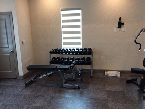fitness center with free weights at The Edge at Town Center Apartments, Jacksonville 32224