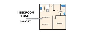 A floor plan of a 1 bedroom apartment with 1 bath and 533 square feet.