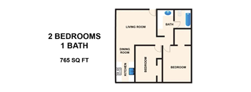 A floor plan of a 2 bedroom, 1 bathroom apartment sized 765 square feet.