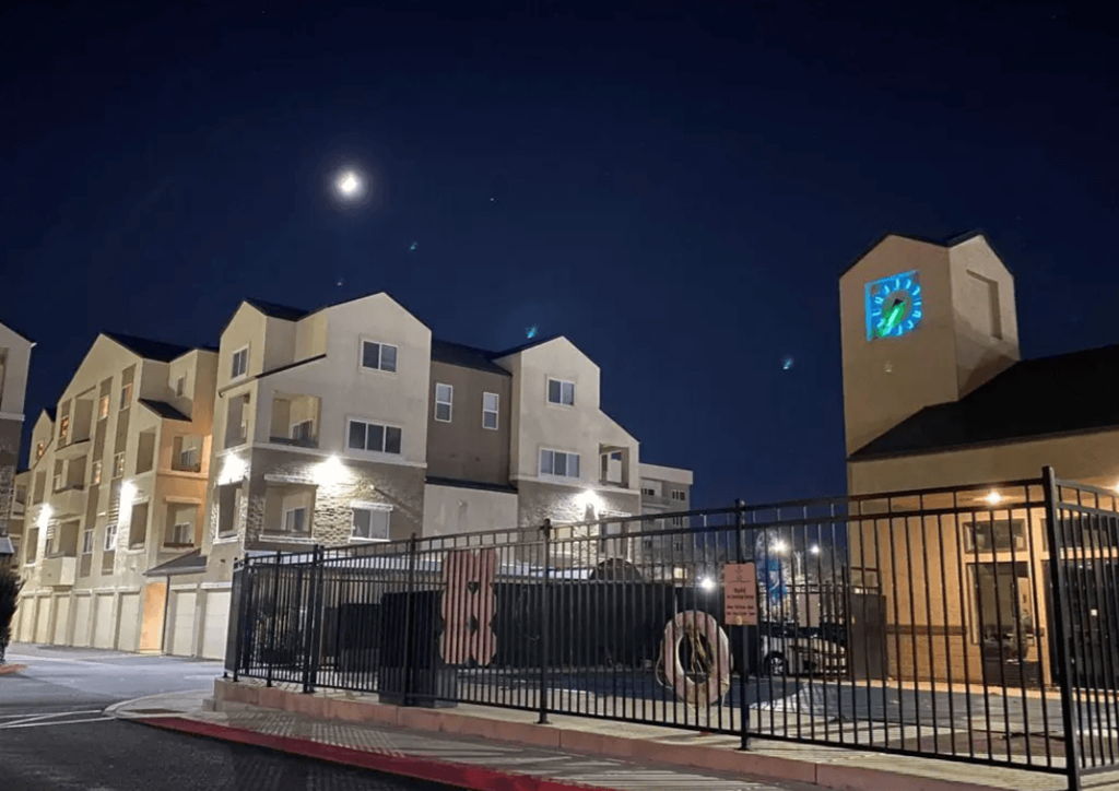 Pool area near building