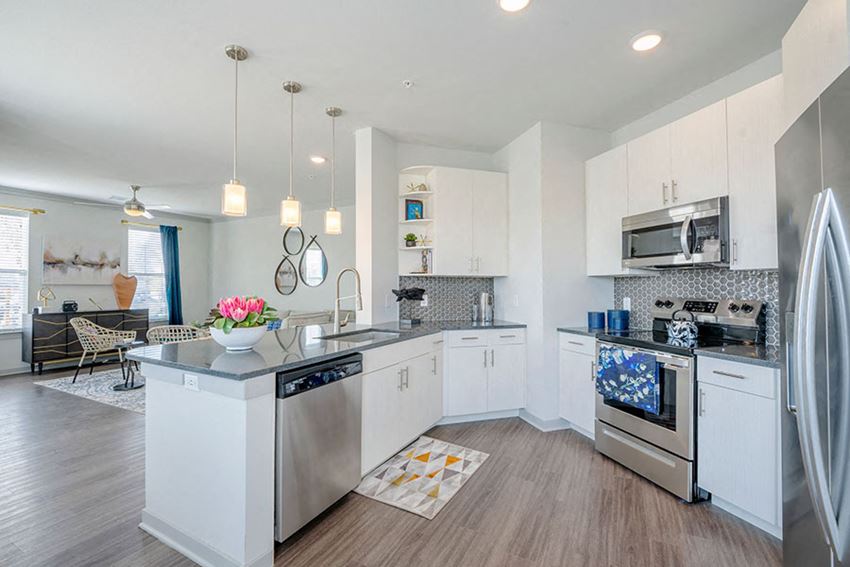 Large kitchen with stainless steel appliances