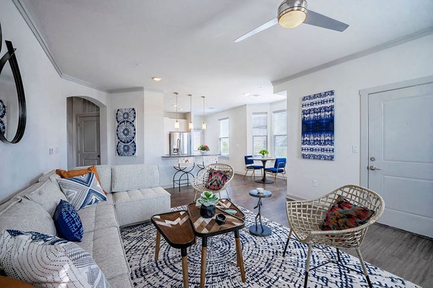 Living, dining, and kitchen area