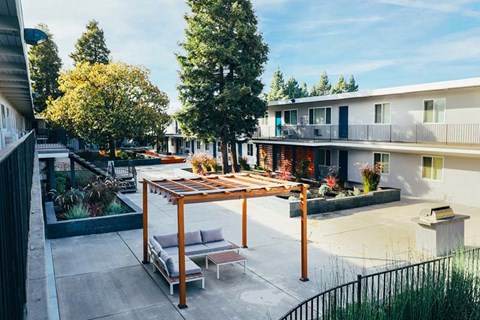 Courtyard seating near buildings
