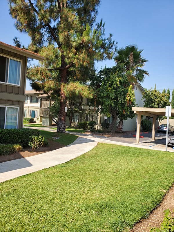 Exterior view of building with grass and carports