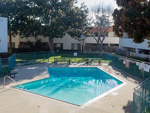 Gated Pool Surrounded by Picnic Tables at The Edge on the Boulevard, Fremont, CA