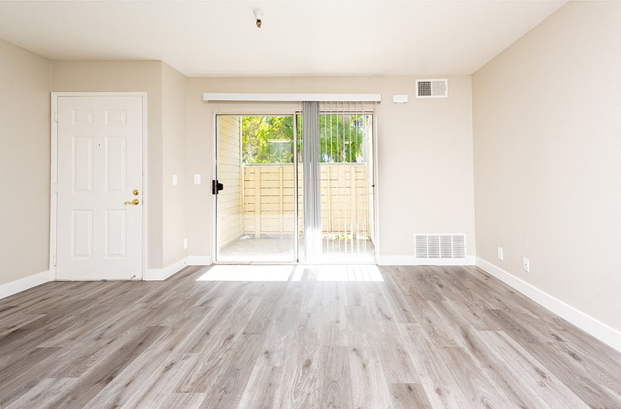 Large living room with patio window
